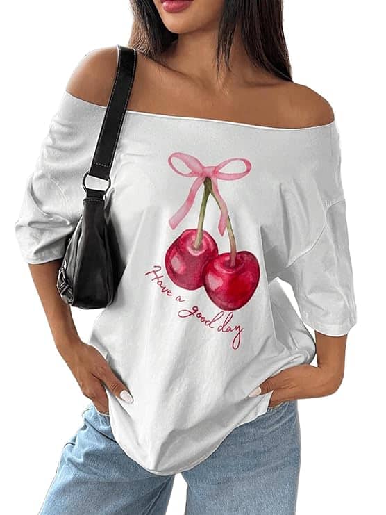 SXV Women Off-Shoulder Cherry Bow Print Simple Casual T-Shirt