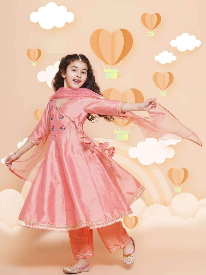 Bitiya by Bhama Girls Embroidered Angrakha Gotta Patti Kurta with Trousers &amp; Dupatta