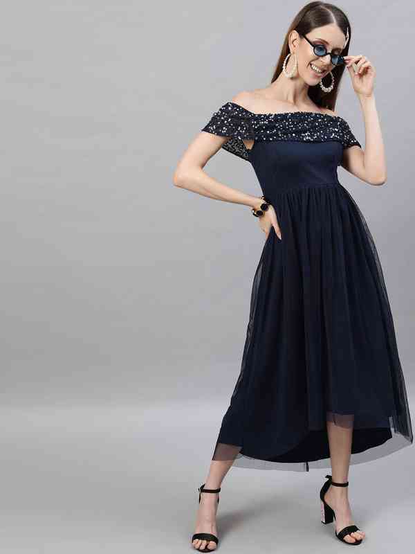  STREET 9 Women Navy Blue Embellished Detail Off-Shoulder Maxi Dress