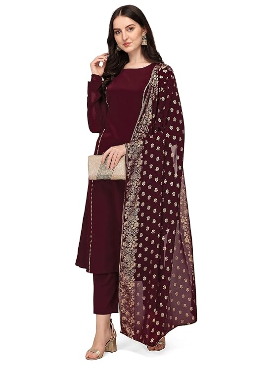 FIORRA Women's Maroon Poly Crepe A-Line Kurta Set With Dupatta FIORRA Women's Maroon Poly Crepe A-Line Kurta Set With Dupatta