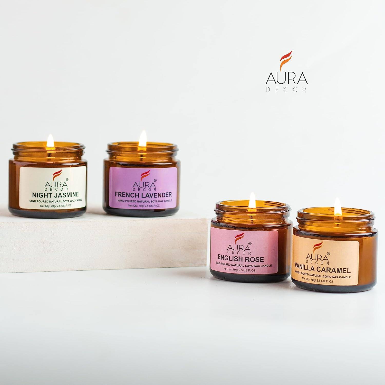 AuraDecor Set of 4 Scented Amber Jar Candles in Soy Wax || Burning Time 25 Hours Each || Soy Wax || Paraben Free || EnglishRose, Vanilla Caramel, Night Jasmine, French Lavender (Pack of 4