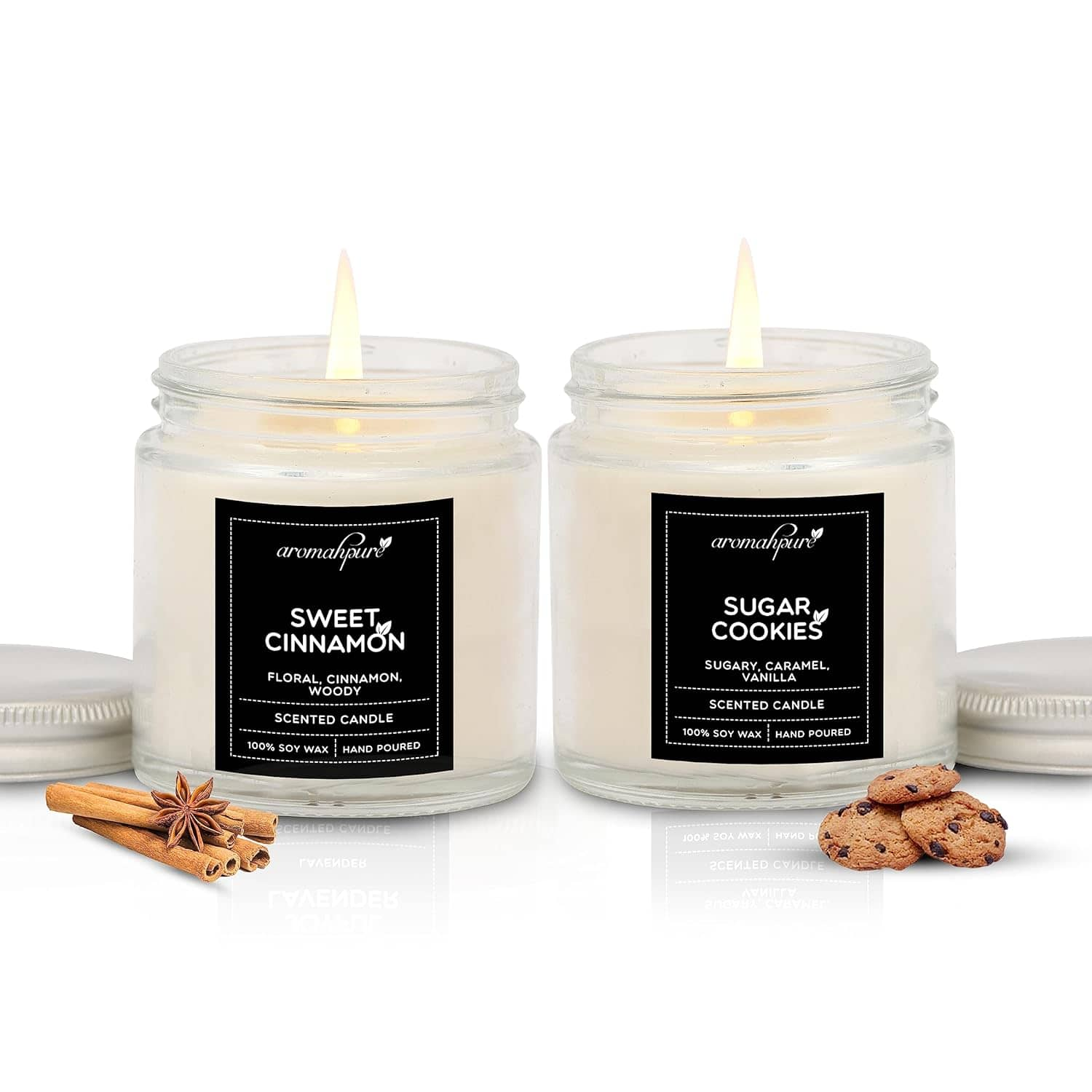 Aromahpure Scented Candles (55 hours) (100% Soy Wax)- Handcrafted | Smoke-Free | Sweet Cinnamon- Floral, Cinnamon &amp; Woody, Sugar Cookies- Sugery, Caramel &amp; Vanilla Fragrance Candles for Home