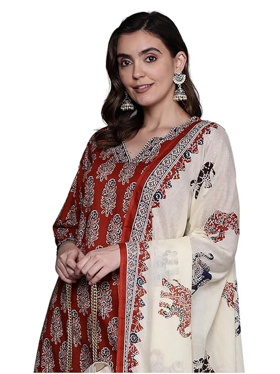 INDO ERA Printed Pure Cotton Kurta with Pant & Dupatta Set for Women INDO ERA Printed Pure Cotton Kurta with Pant & Dupatta Set for Women