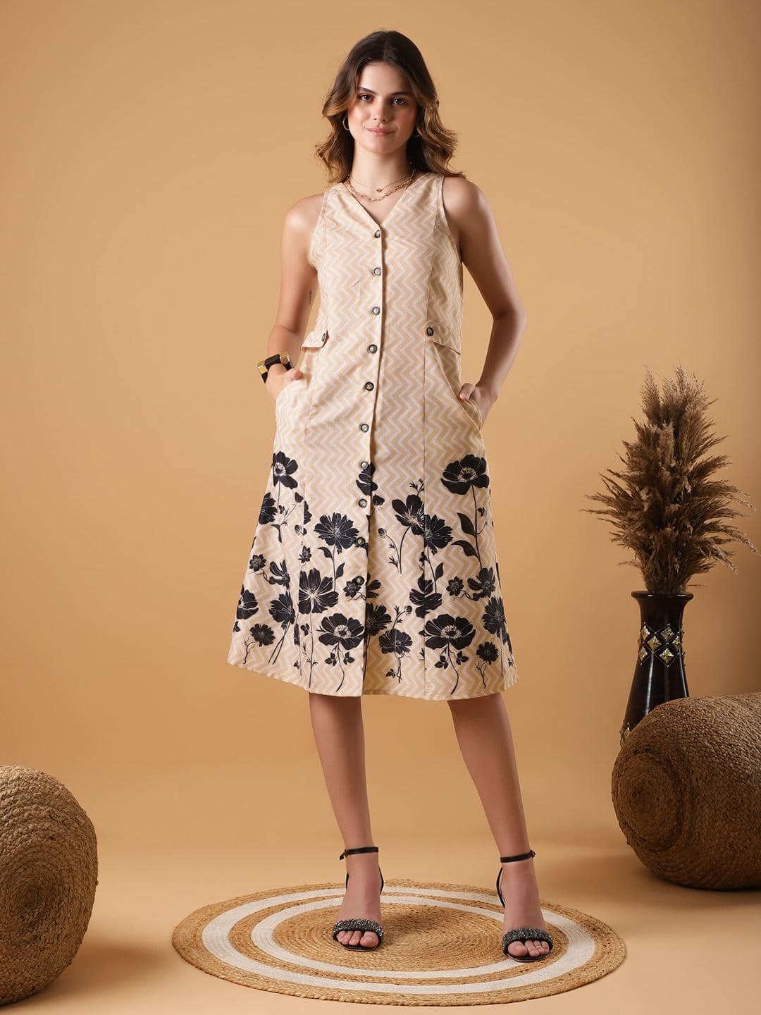 Justin Whyte Women V-Neck Floral Print Shirt Dress