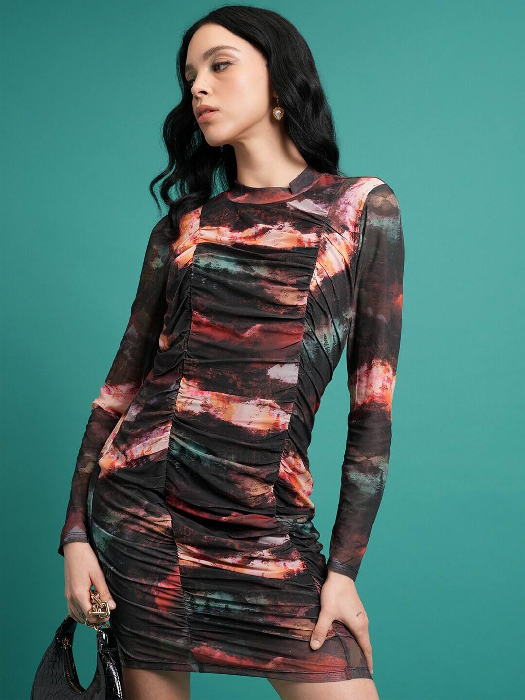 Tokyo Talkies: Abstract Printed Mock Neck Ruched Mini Bodycon Dress Tokyo Talkies: Abstract Printed Mock Neck Ruched Mini Bodycon Dress