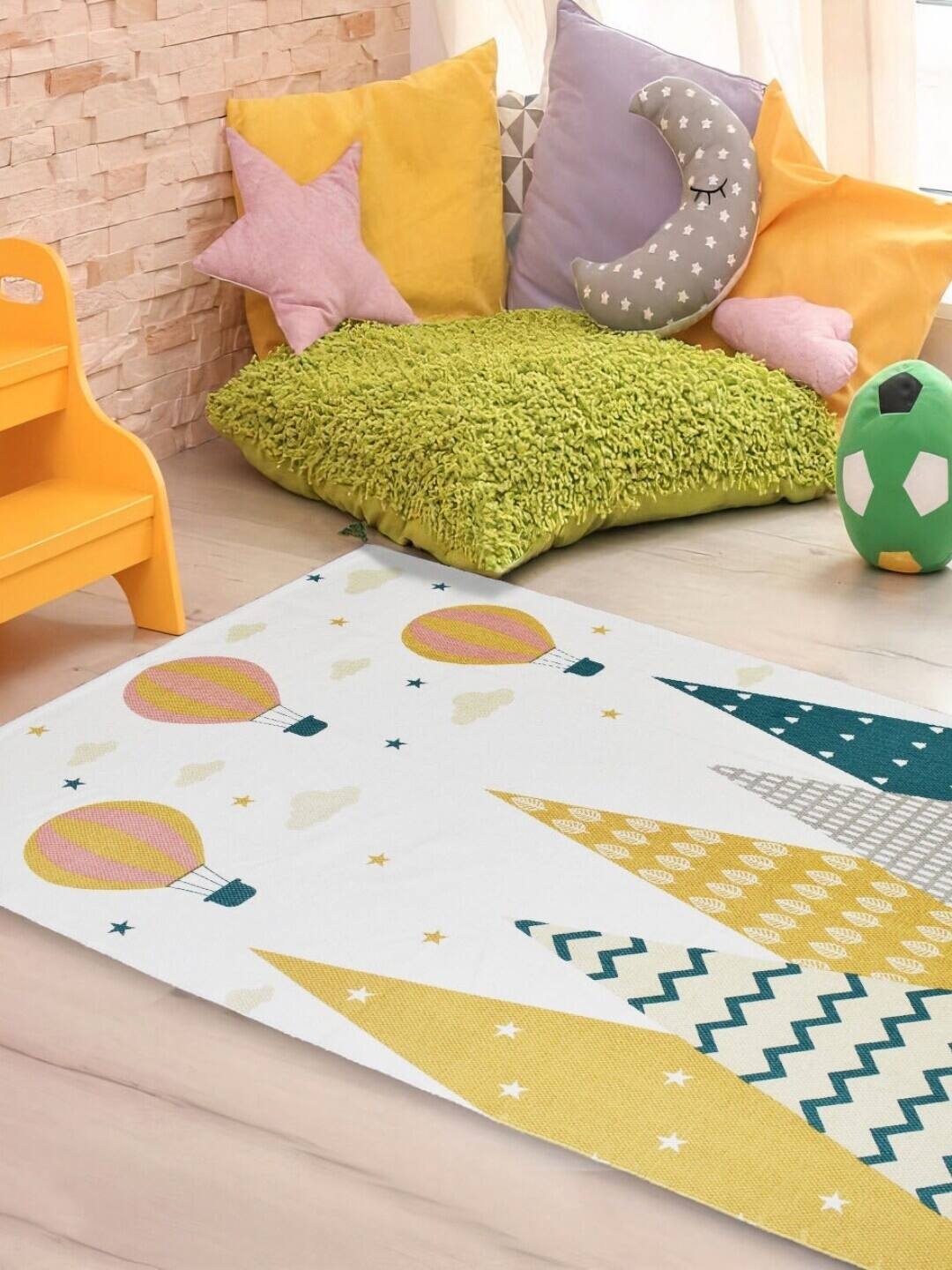  URBAN SPACE Off White &amp; Yellow Geometric Cotton Anti-Skid Floor Mat