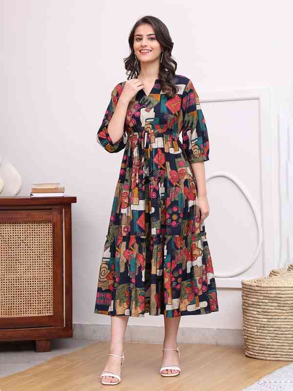 Claura Women Abstract Printed Mandarin Collar A-Line Dress Claura Women Abstract Printed Mandarin Collar A-Line Dress
