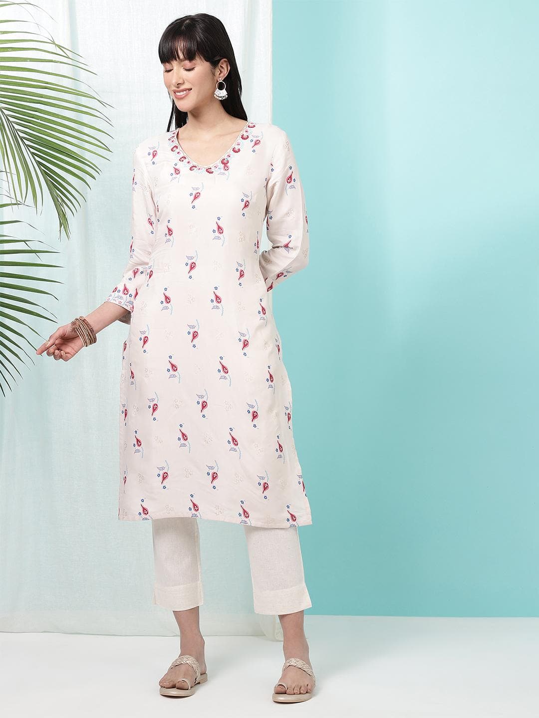 W White Printed Knee-Length Festive Kurta