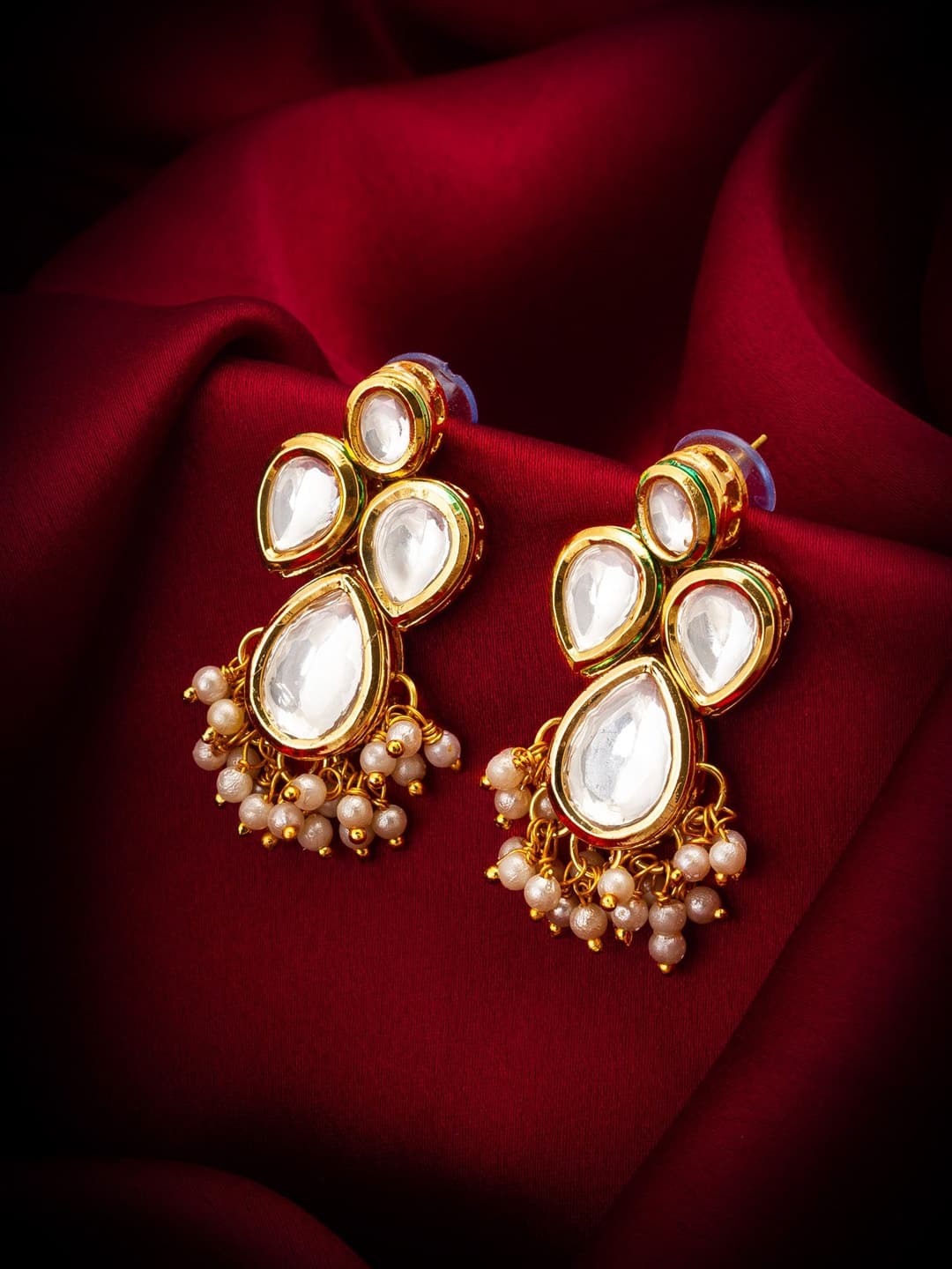 Aadita Gold-Plated Kundan-Studded &amp; Pearl-Beaded Contemporary Drop Earrings