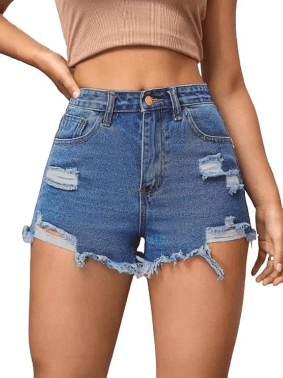 Aahwan Solid High Waist Ripped Raw Trim Denim Shorts Aahwan Solid High Waist Ripped Raw Trim Denim Shorts