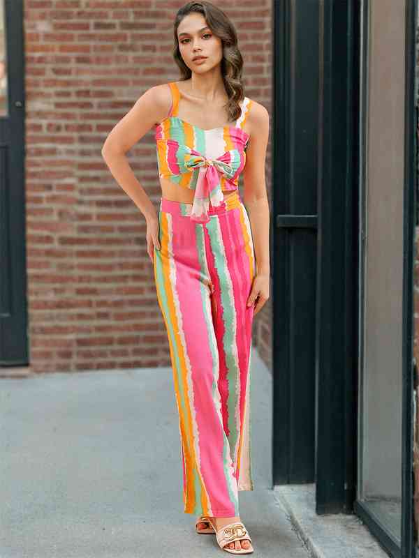 Freehand by The Indian Garage Co Striped Crop Bow Top With Trousers Co-Ords Freehand by The Indian Garage Co Striped Crop Bow Top With Trousers Co-Ords