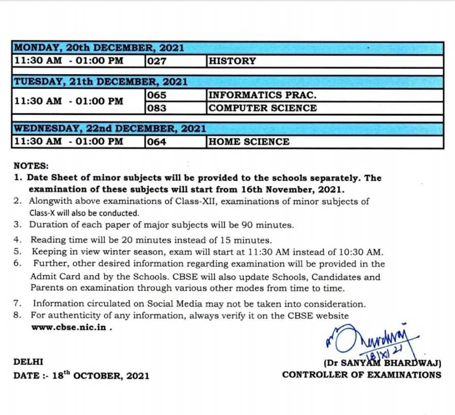 CBSE Class XII Board Exam 2022: Date sheet released for Term 1 exams at cbse.gov.in