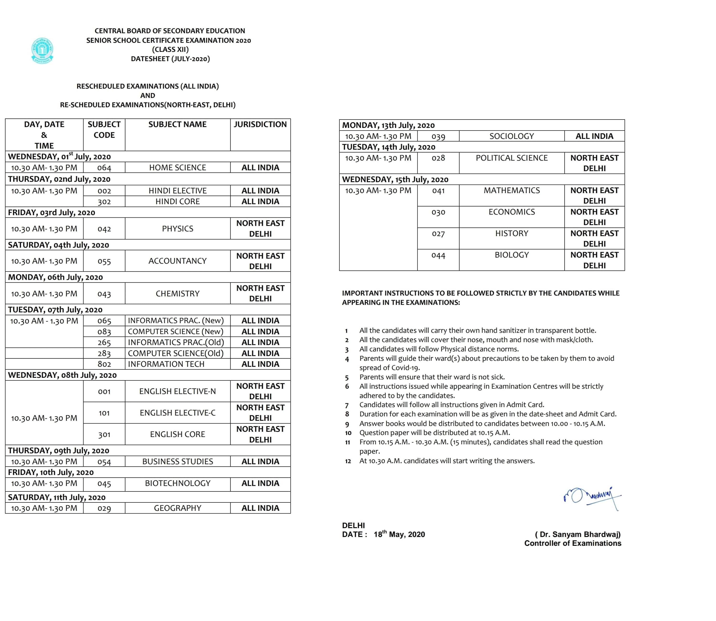 CBSE datesheet for class 10th, 12th board exams 2020 ...