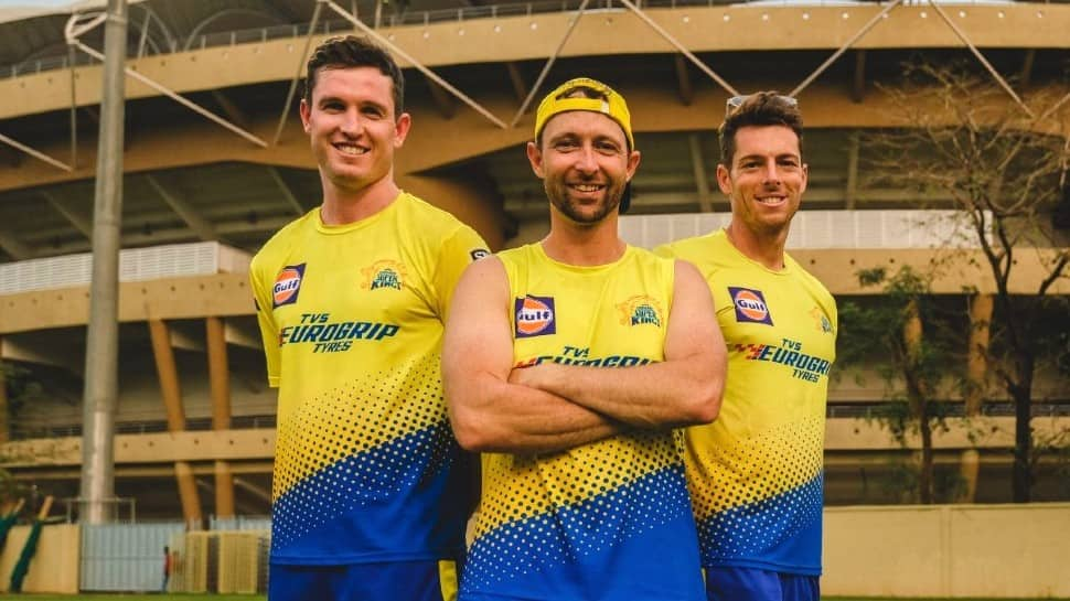 CSK&#039;s Adam Milne (from left), Devon Conway and Mitchell Santner. (Source: Twitter)