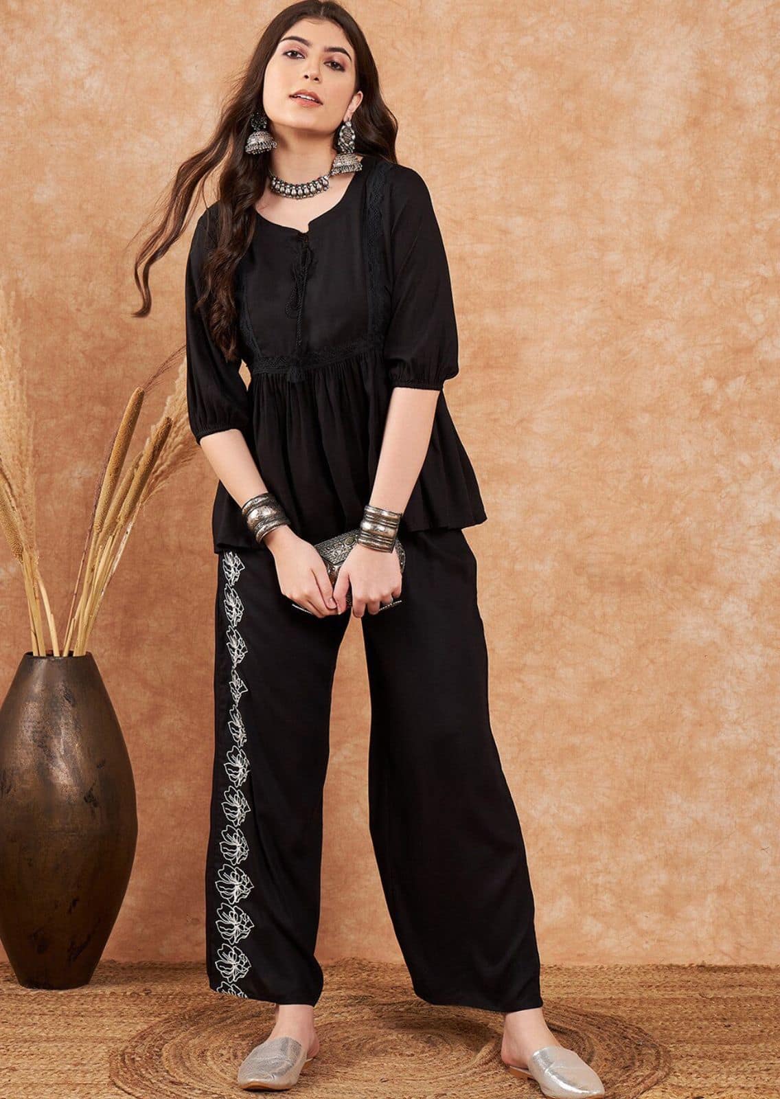 Sangria Embroidered Top With Palazzo Co-Ords