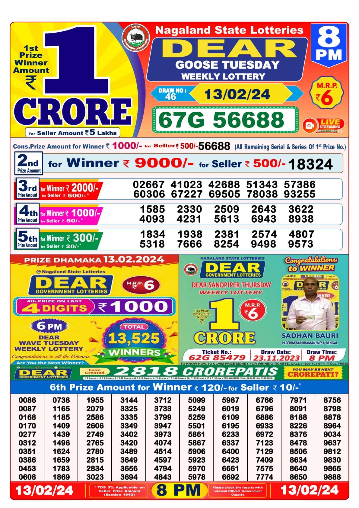 Lotto results for wednesday on sale the 13th of february