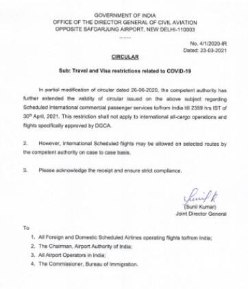 Ban on international passenger flights to continue till April 30, orders DGCA.  ​