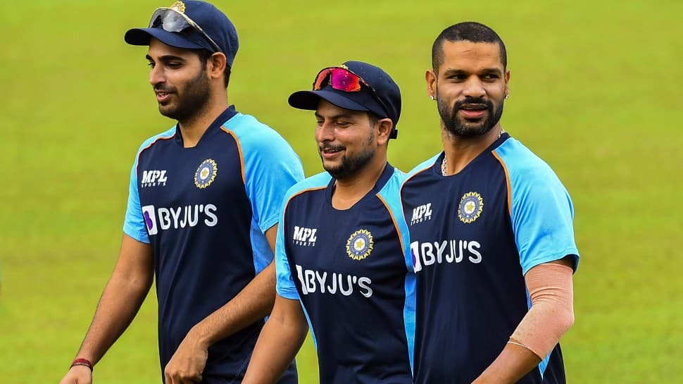 India&#039;s Bhuvneshwar Kumar (from left), Kuldeep Yadav and Shikhar Dhawan at training in Colombo. (Photo: SLC)