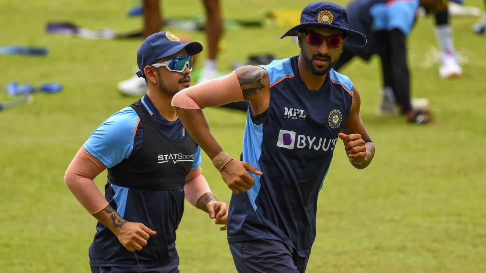 All-rounder Krunal Pandya (right) with Ishan Kishan at a practice session in Colombo. (Photo: SLC)