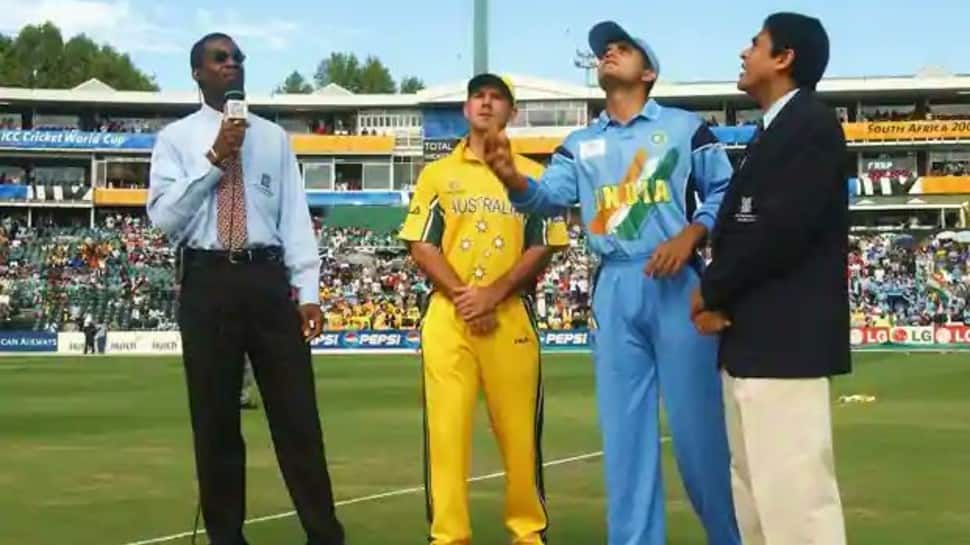Indian skipper Sourav Ganguly with Australian captain Ricky Ponting at the toss ahead of 2003 World Cup final. (Source: Twitter)