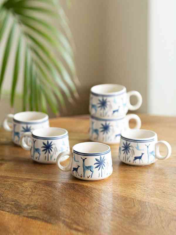 ExclusiveLane White Animal Print Ceramic Handmade 6 Piece Cups-150ml ExclusiveLane White Animal Print Ceramic Handmade 6 Piece Cups-150ml