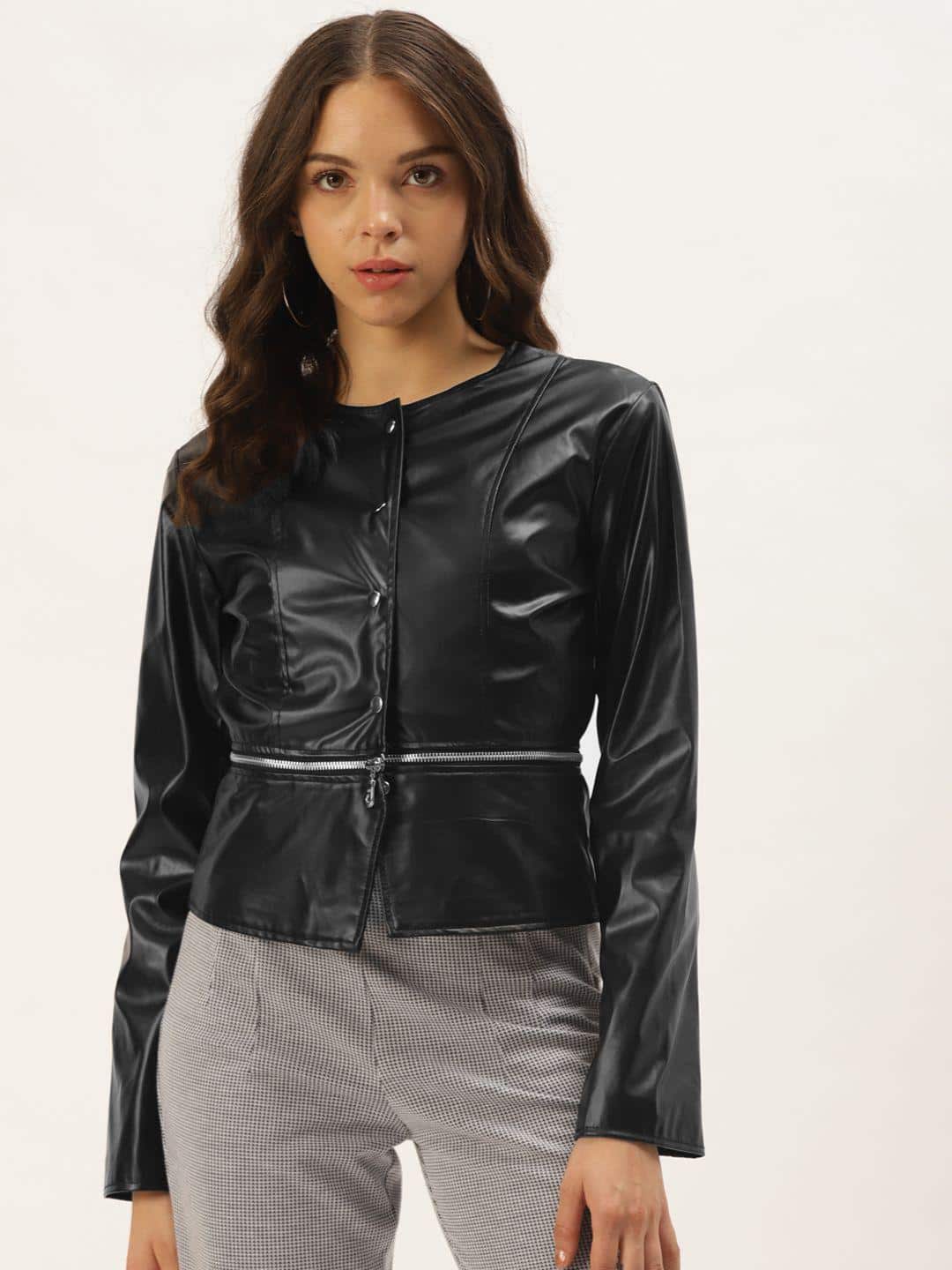  Zastraa Women Collarless Solid Lightweight Leather Jacket