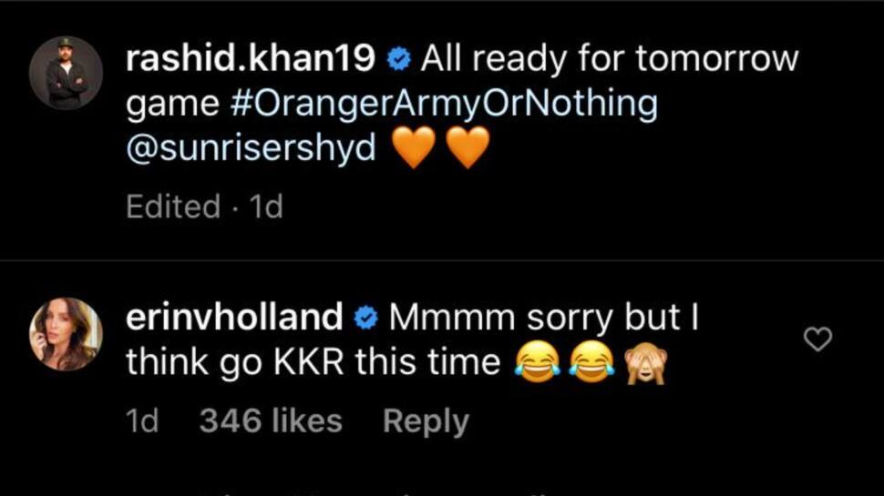 Instagram exchange between Rashid Khan and Erin Holland. (Source: Instagram)