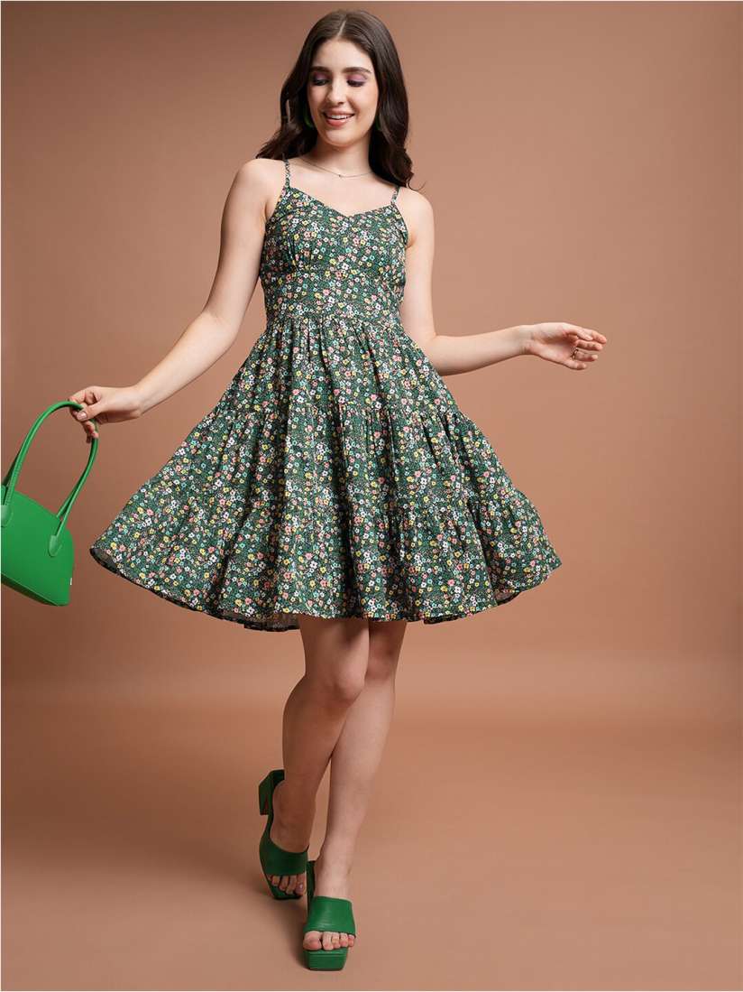 3. Tokyo Talkies – Green &amp; Yellow Floral Printed Shoulder Straps Tiered Fit &amp; Flare Dress