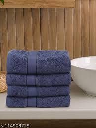 Creeva Set Of 4 Navy Blue Solid 525 GSM Cotton Hand Towels