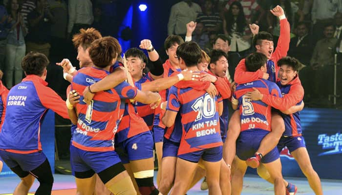 South Korean kabaddi team celebrates after defeating India