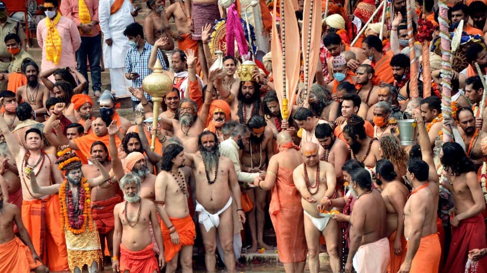 Niranjani Akhada saints during second &#039;Shahi Snan&#039; of Maha Kumbh, at Har ki Pauri in Haridwar.