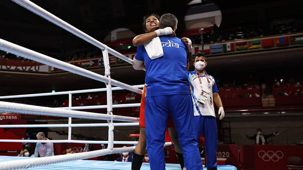 Lovlina Borgohain celebrates at Tokyo Olympics