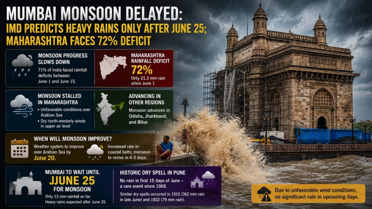 Mumbai monsoon delayed: IMD predicts heavy rains only after June 25; Maharashtra faces 72% deficit | India, -Maharashtra News Mumbai monsoon delayed: IMD predicts heavy rains only after June 25; Maharashtra faces 72% deficit | India, -Maharashtra News