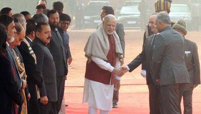 PM Modi and Hollande at Rashtrapati Bhavan