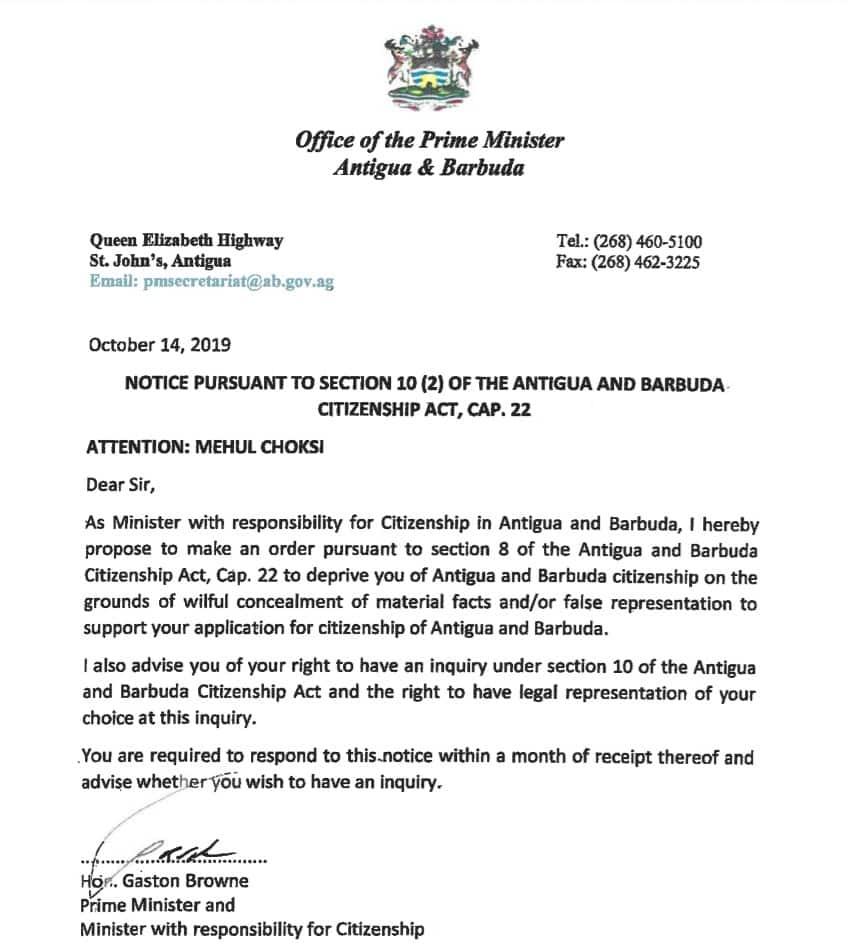Antigua &amp; Barbuda PM notice to Mehul Choksi 
