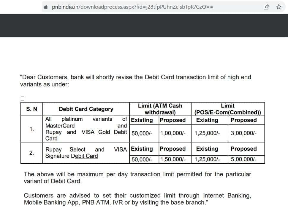 PNB debit card limit