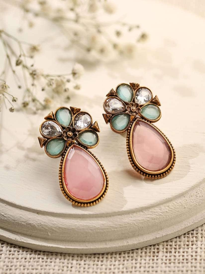 Priyaasi Gold-Plated Stones Studded Beads Floral Drop Earrings