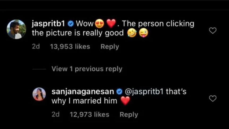 Instagram conversation between Jasprit Bumrah and wife Sanjana Ganesan.