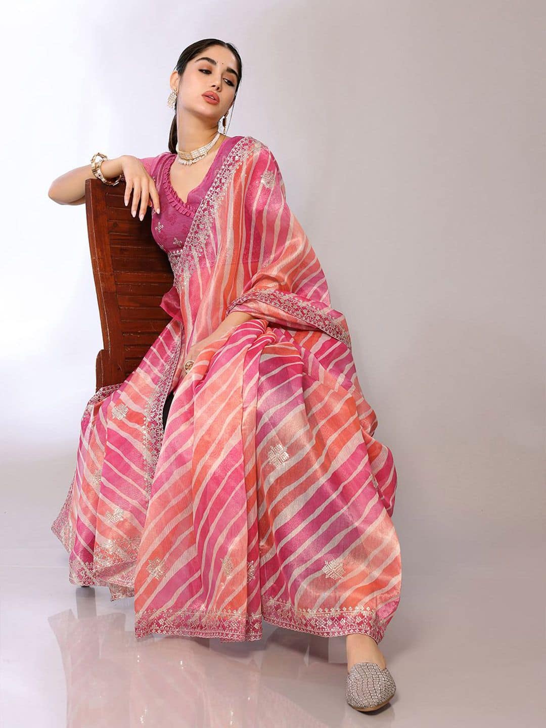 FABMORA: Lehariya Embroidered Tissue Saree
