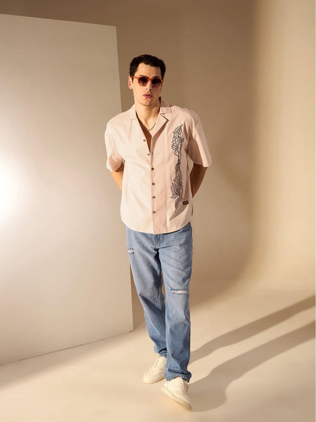 DENNISON Men Floral Embroidery Drop Shoulder Oversized Shirt DENNISON Men Floral Embroidery Drop Shoulder Oversized Shirt