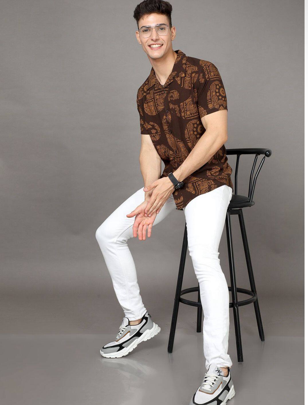 HERE&NOW Brown Ethnic Motifs Printed Cuban Collar Slim Fit Casual Shirt HERE&NOW Brown Ethnic Motifs Printed Cuban Collar Slim Fit Casual Shirt