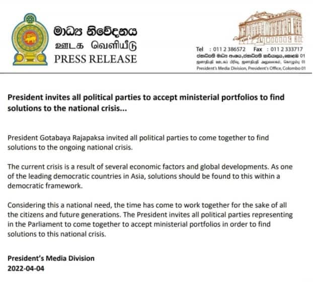 Sri Lanka economic crisis: President Gotabaya intervenes, urges all political parties to come together