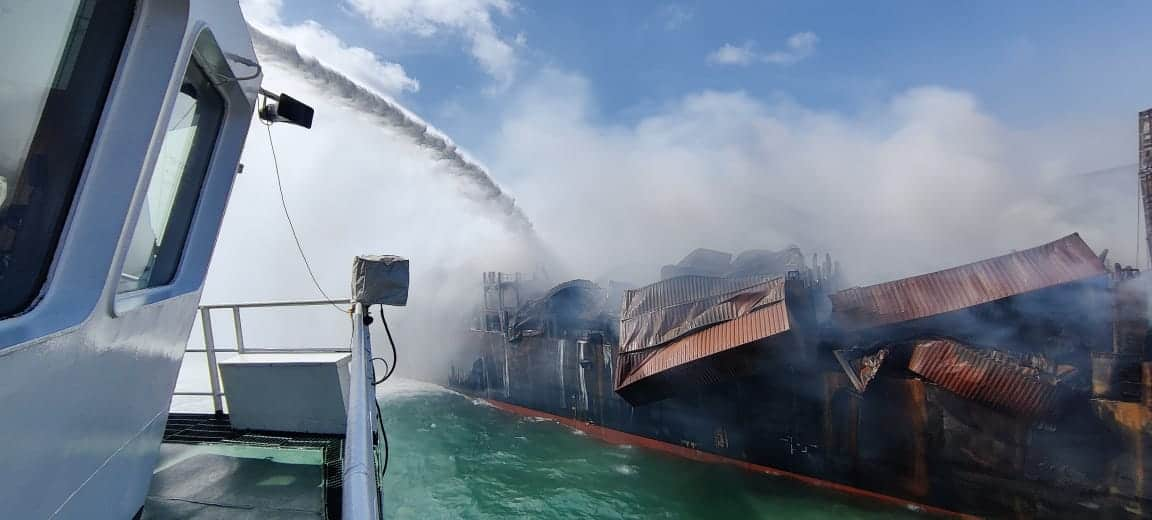 Ship fire almost doused