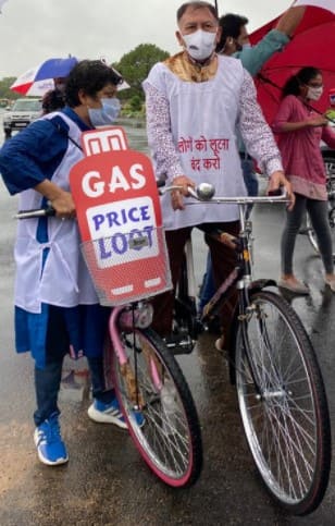 TMC MPs cycle to Parliament to protest against petrol, diesel, LPG price hike