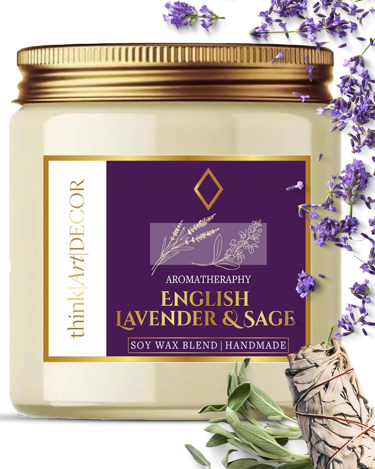 ThinkArtDecor Scented Soy Wax Candle, 450 gm, 35-40 Hrs| Luxury Aroma Therapy Votive Jar with 2 Aromatic Tea Lights | Scented Candles for Home Decor Gift Set | Fragrance English Lavender &amp; Sage