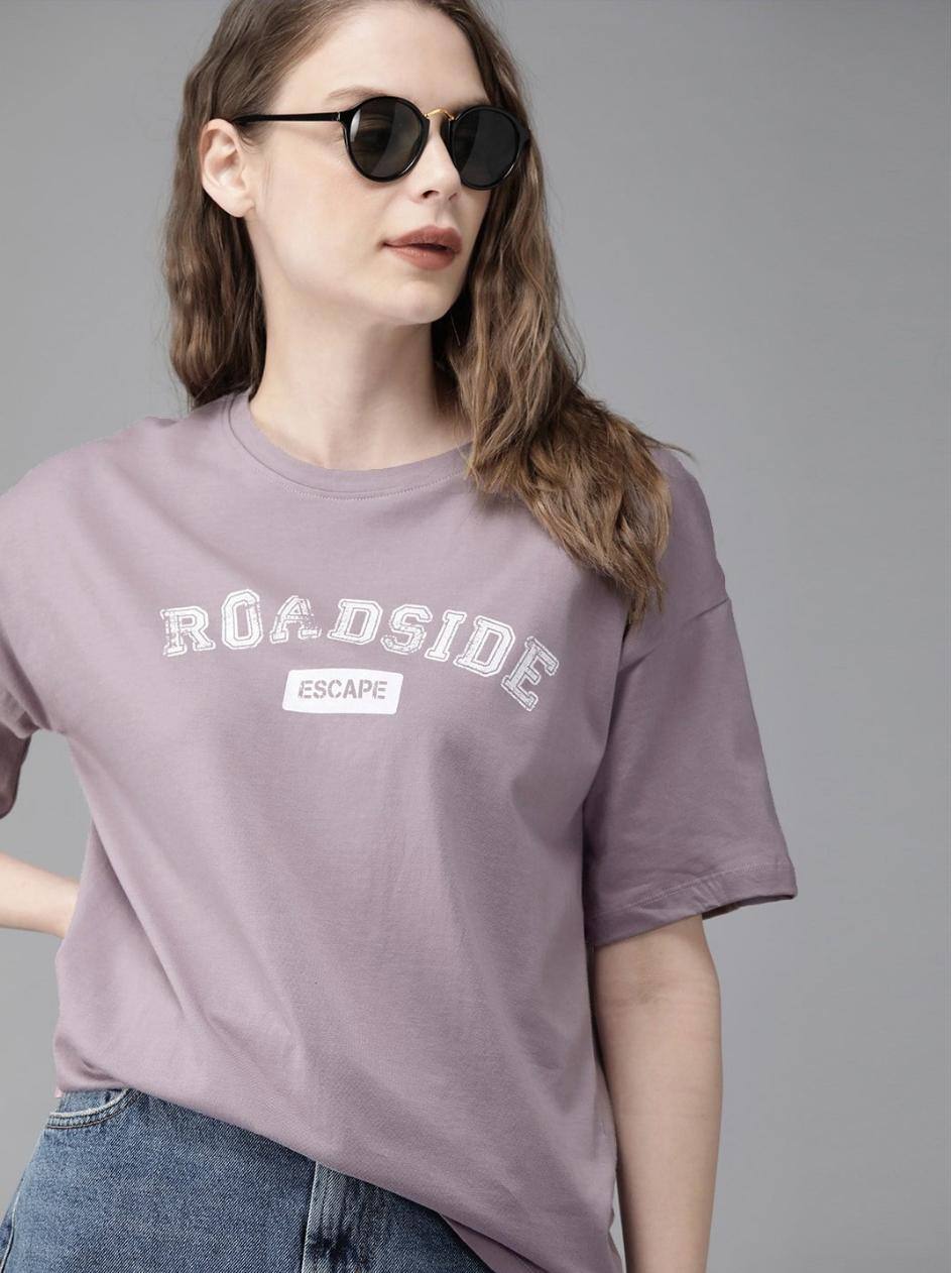 Roadster Women Lavender Printed Boxy Round Neck Pure Cotton T-shirt Roadster Women Lavender Printed Boxy Round Neck Pure Cotton T-shirt