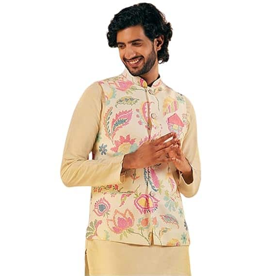 KISAH Men Printed Zari Regular Fit Nehru Jacket