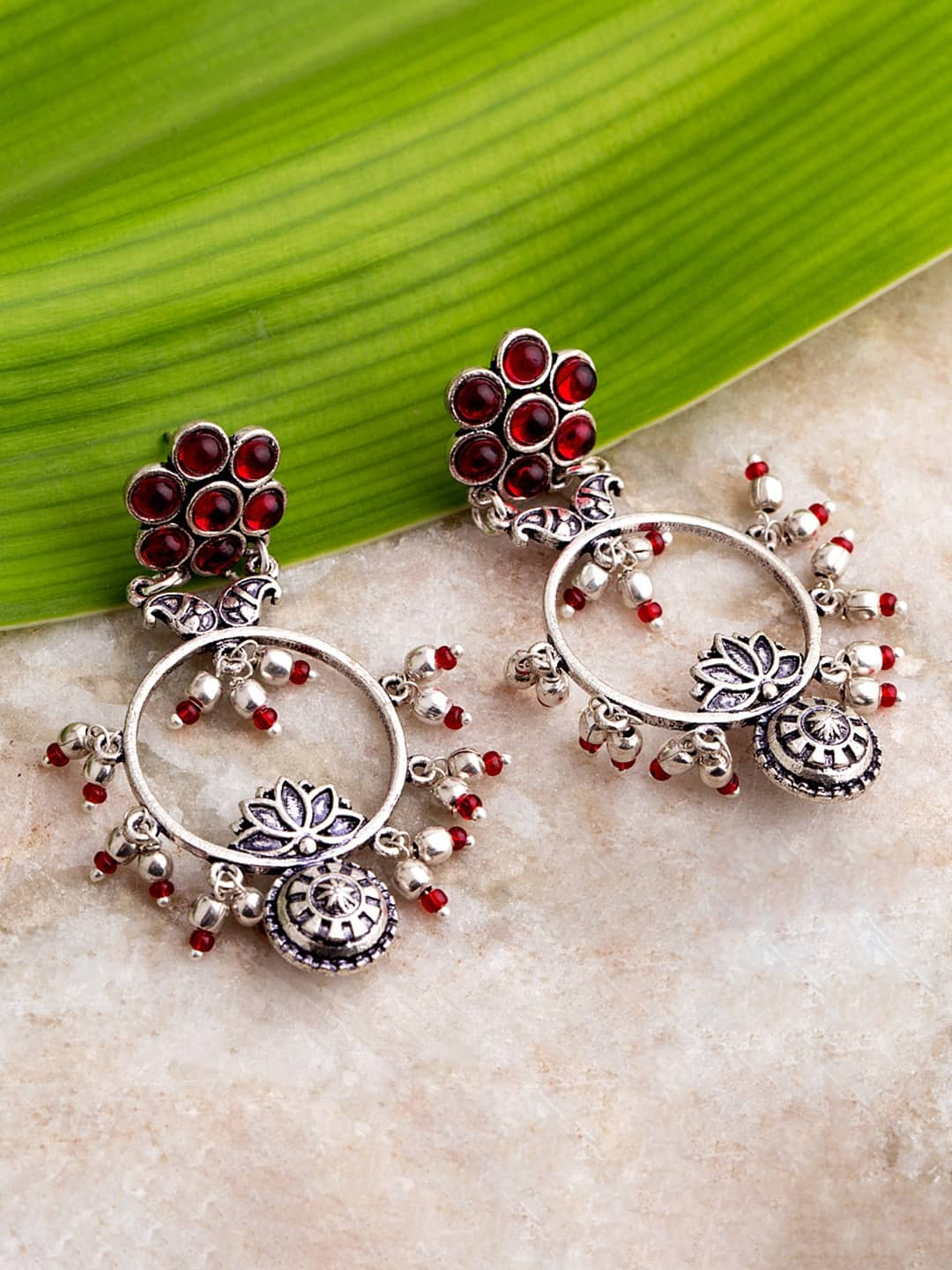 Voylla Oxidised Silver-Plated &amp; Maroon Handcrafted Stone-Studded Circular Drop Earrings