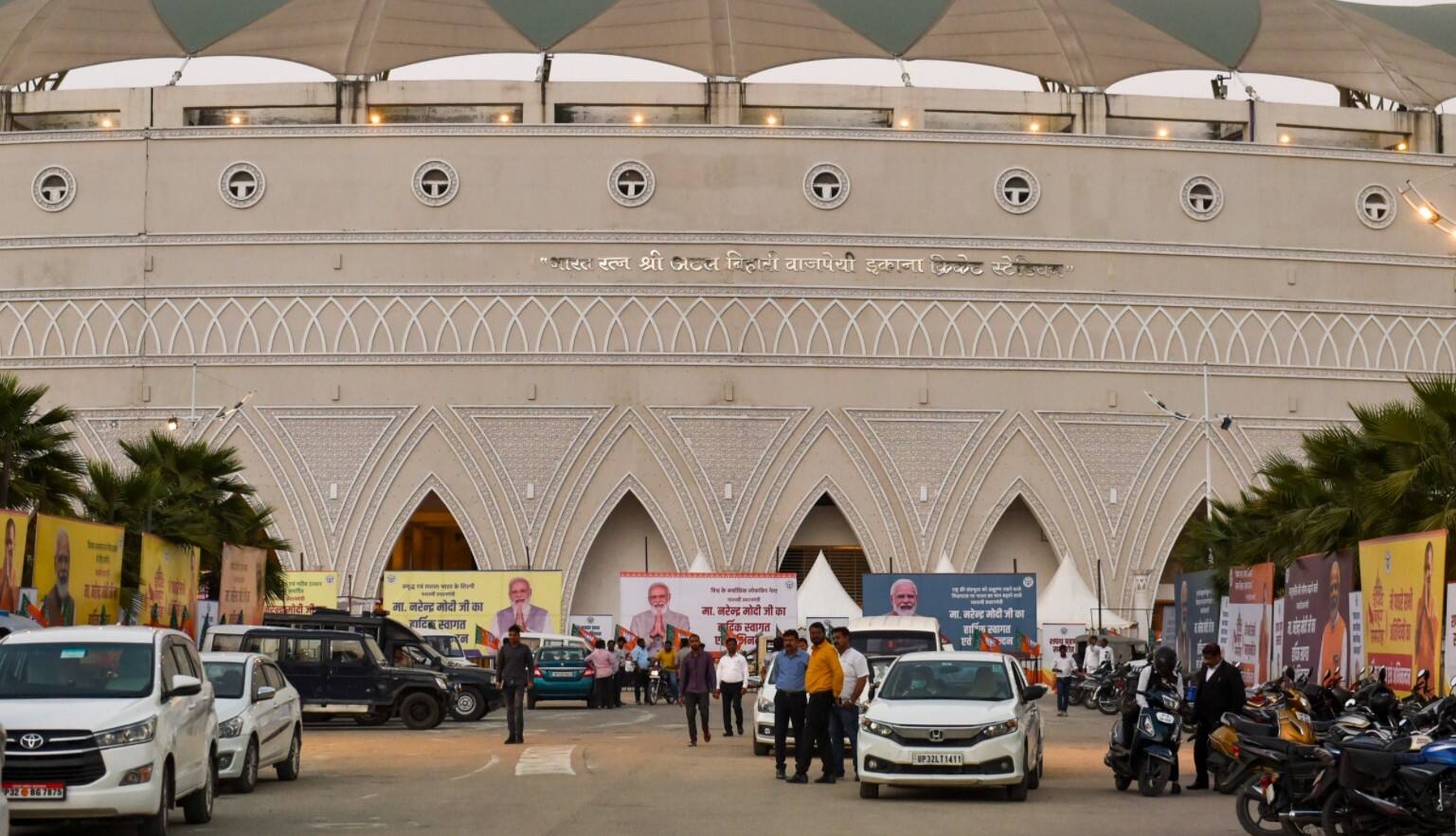 Preparations underway at Ekana Stadium for the oath taking ceremony of Uttar Pradesh Chief Minister Yogi Adityanath for the second term, in Lucknow