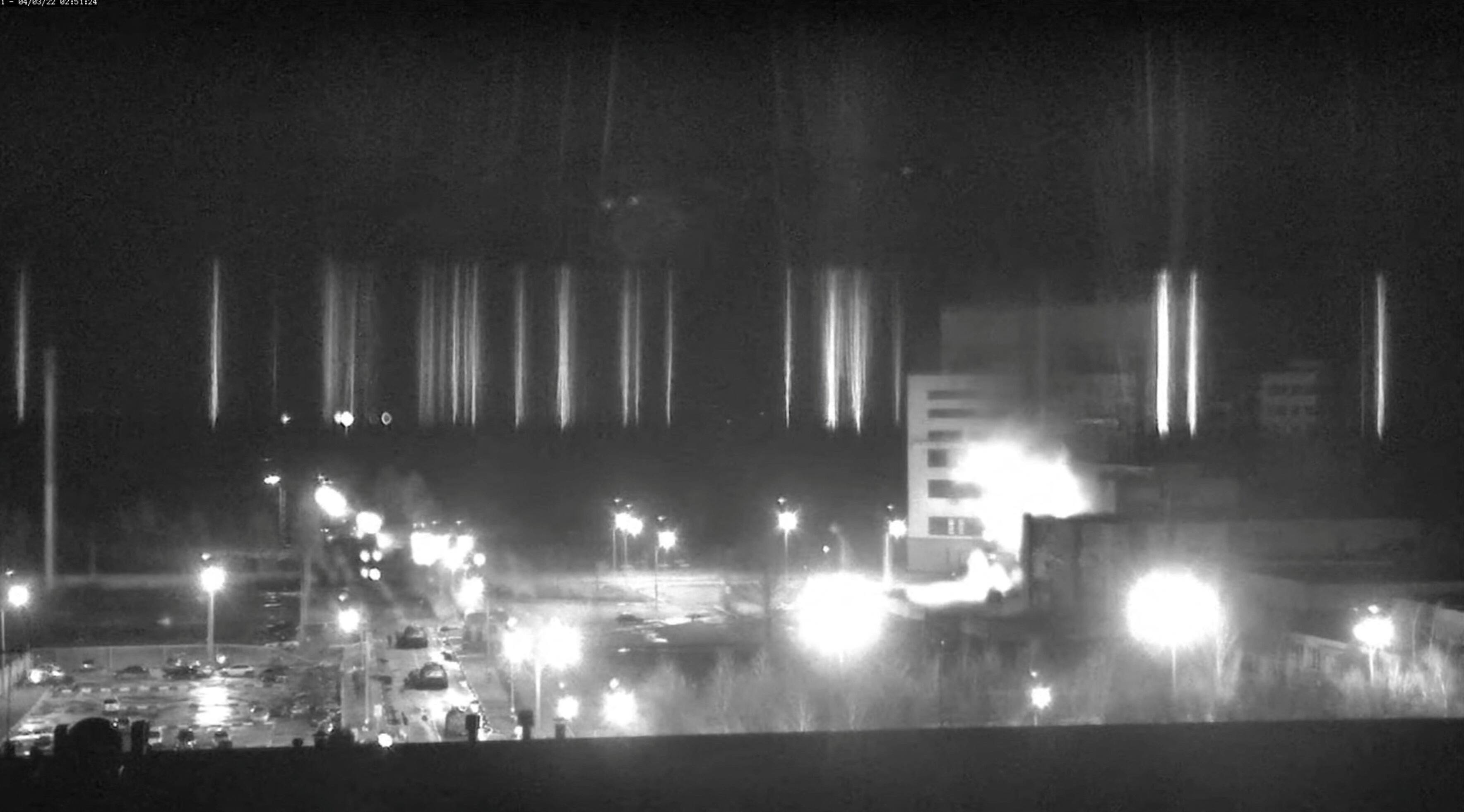 Surveillance camera footage of Zaporizhzhia nuclear power plant following shelling.